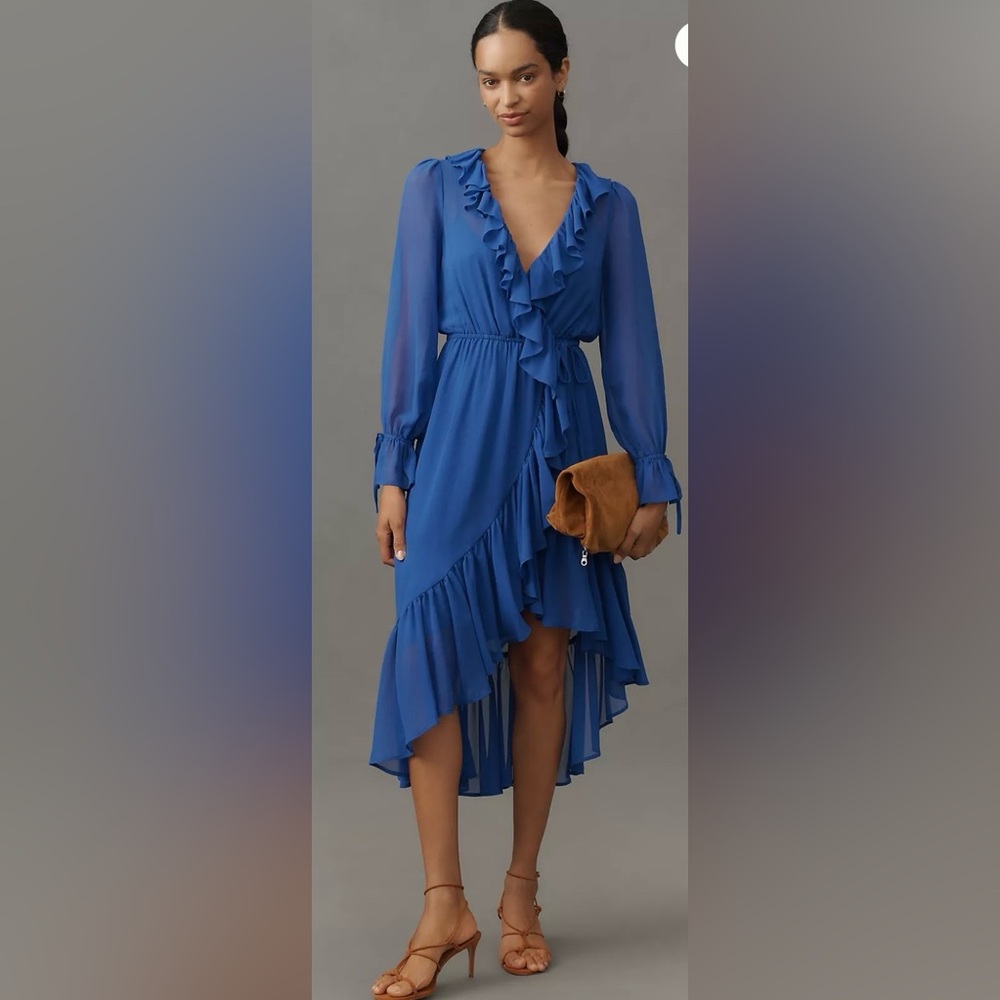 By Anthropologie Long-Sleeve Ruffled Asymmetric Midi Dress